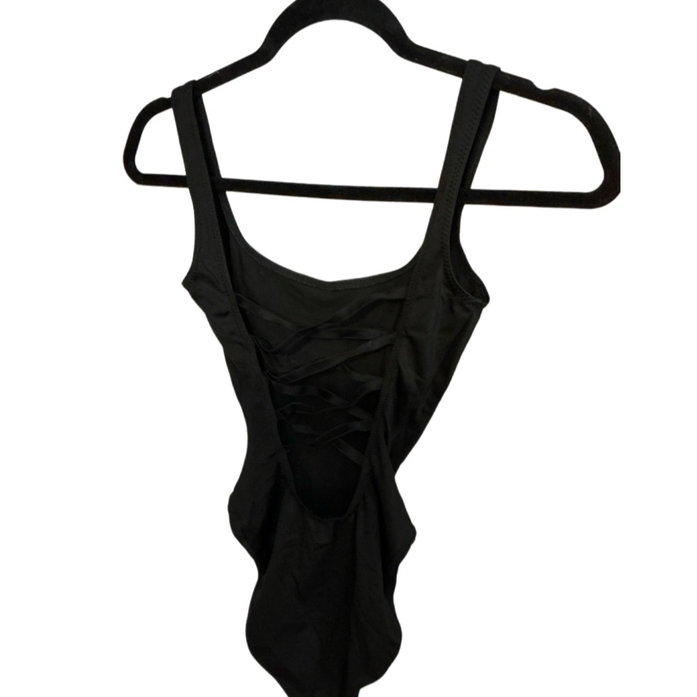 Norma Kamali One Piece Swimsuit Black Lace Up Back Open Back Minimalist Swimwear